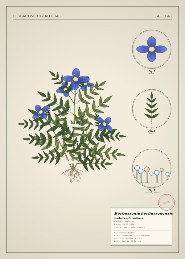 Botanische Tafel: Korbussenia korbussenensis, eine erfundene Pflanze aus Korbußen, gezeichnet wie in einem alten Pflanzenatlas
