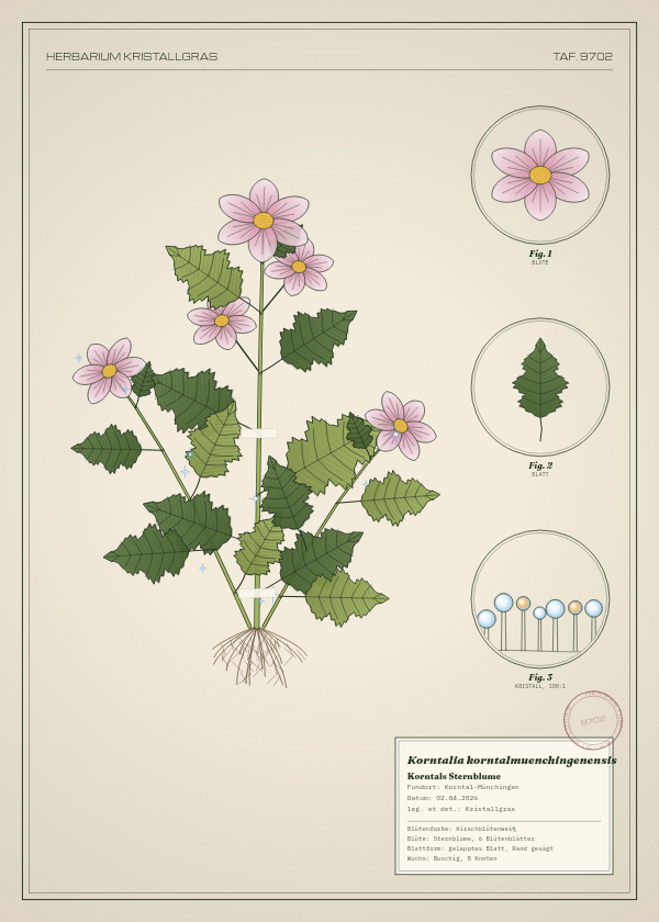 Botanische Tafel: Korntalia korntalmuenchingenensis, eine erfundene Pflanze aus Korntal-Münchingen, gezeichnet wie in einem alten Pflanzenatlas