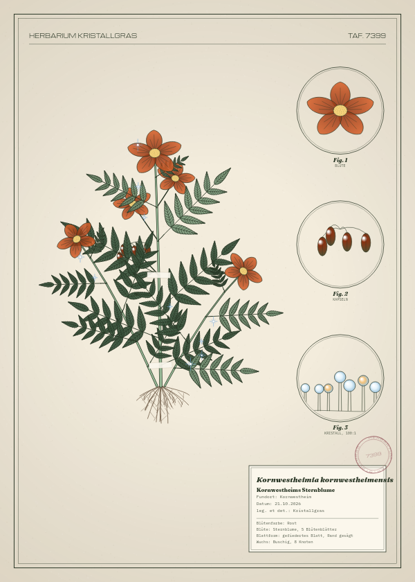 Botanische Tafel: Kornwestheimia kornwestheimensis, eine erfundene Pflanze aus Kornwestheim, gezeichnet wie in einem alten Pflanzenatlas