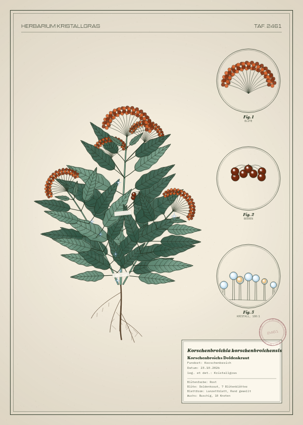 Botanische Tafel: Korschenbroichia korschenbroichensis, eine erfundene Pflanze aus Korschenbroich, gezeichnet wie in einem alten Pflanzenatlas