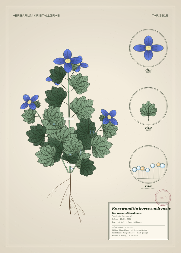 Botanische Tafel: Korswandtia korswandtensis, eine erfundene Pflanze aus Korswandt, gezeichnet wie in einem alten Pflanzenatlas