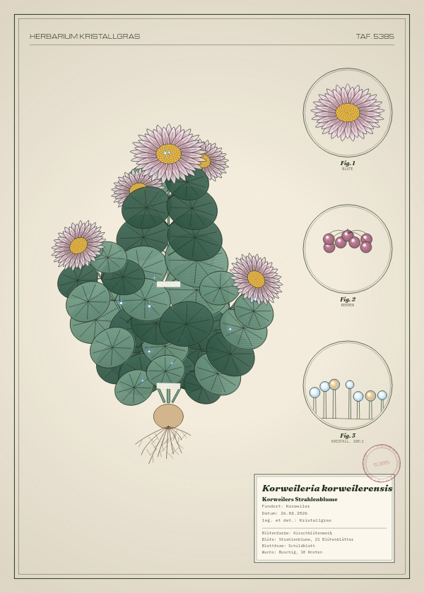 Botanische Tafel: Korweileria korweilerensis, eine erfundene Pflanze aus Korweiler, gezeichnet wie in einem alten Pflanzenatlas