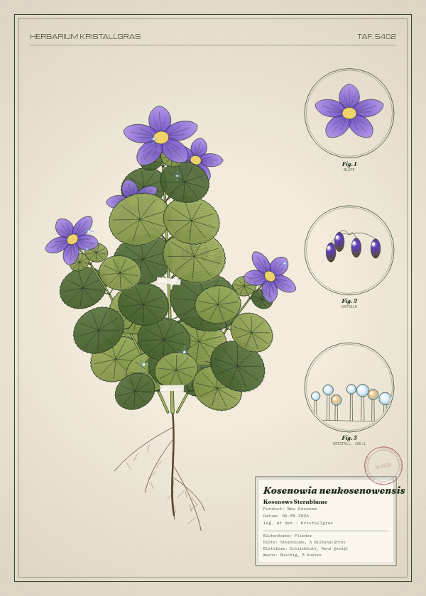 Botanische Tafel: Kosenowia neukosenowensis, eine erfundene Pflanze aus Neu Kosenow, gezeichnet wie in einem alten Pflanzenatlas