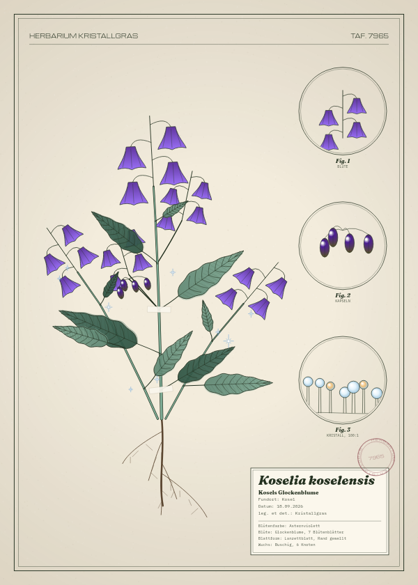 Botanische Tafel: Koselia koselensis, eine erfundene Pflanze aus Kosel, gezeichnet wie in einem alten Pflanzenatlas