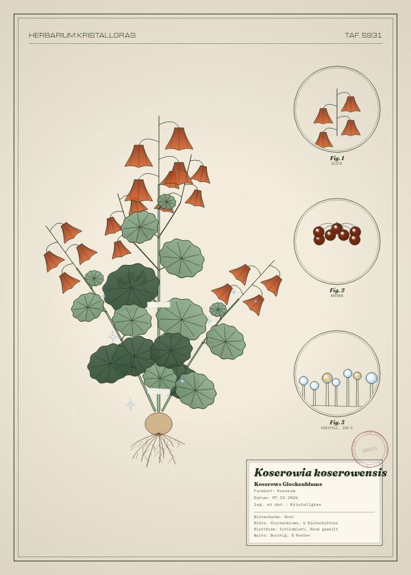Botanische Tafel: Koserowia koserowensis, eine erfundene Pflanze aus Koserow, gezeichnet wie in einem alten Pflanzenatlas