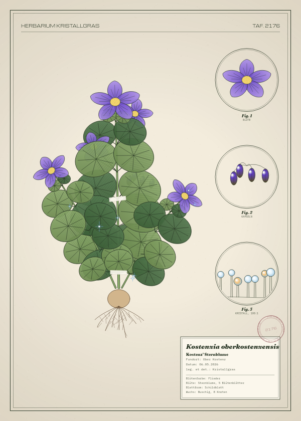 Botanische Tafel: Kostenzia oberkostenzensis, eine erfundene Pflanze aus Ober Kostenz, gezeichnet wie in einem alten Pflanzenatlas