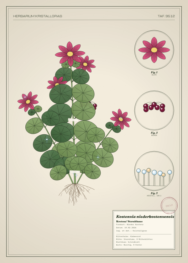 Botanische Tafel: Kostenzia niederkostenzensis, eine erfundene Pflanze aus Nieder Kostenz, gezeichnet wie in einem alten Pflanzenatlas