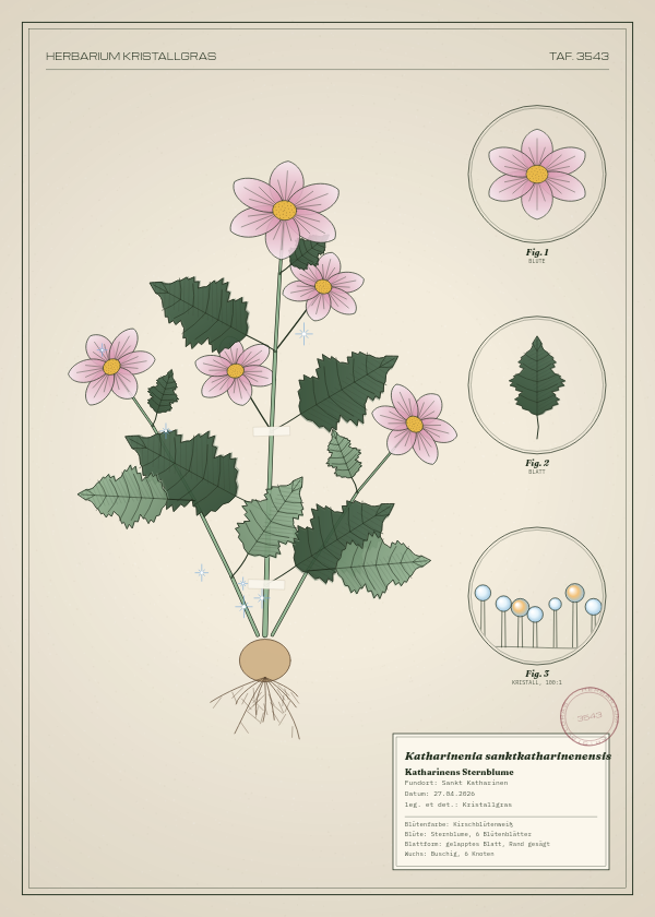 Botanische Tafel: Katharinenia sanktkatharinenensis, eine erfundene Pflanze aus Sankt Katharinen, gezeichnet wie in einem alten Pflanzenatlas