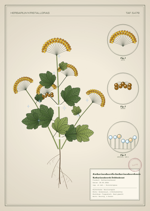 Botanische Tafel: Katharinenheerdia katharinenheerdensis, eine erfundene Pflanze aus Katharinenheerd, gezeichnet wie in einem alten Pflanzenatlas