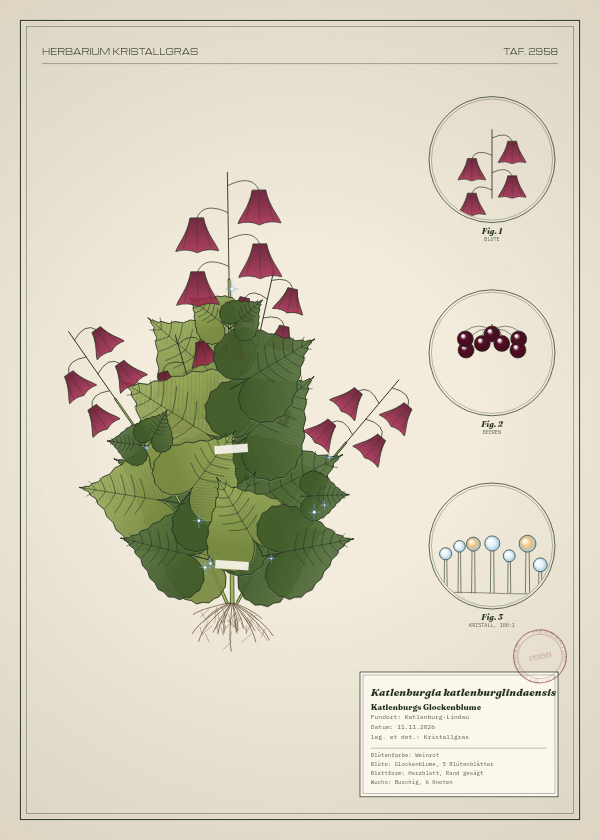 Botanische Tafel: Katlenburgia katlenburglindaensis, eine erfundene Pflanze aus Katlenburg-Lindau, gezeichnet wie in einem alten Pflanzenatlas