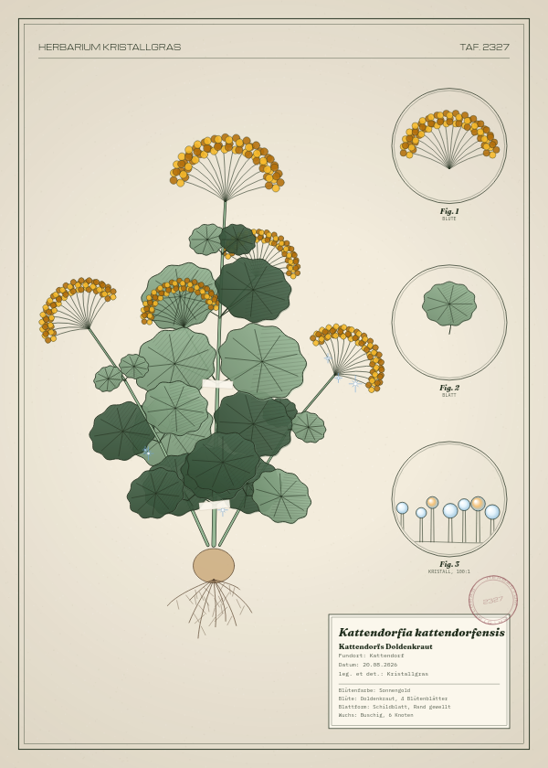 Botanische Tafel: Kattendorfia kattendorfensis, eine erfundene Pflanze aus Kattendorf, gezeichnet wie in einem alten Pflanzenatlas