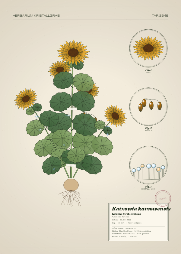 Botanische Tafel: Katzowia katzowensis, eine erfundene Pflanze aus Katzow, gezeichnet wie in einem alten Pflanzenatlas