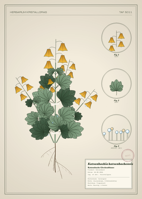 Botanische Tafel: Katzenbachia katzenbachensis, eine erfundene Pflanze aus Katzenbach, gezeichnet wie in einem alten Pflanzenatlas