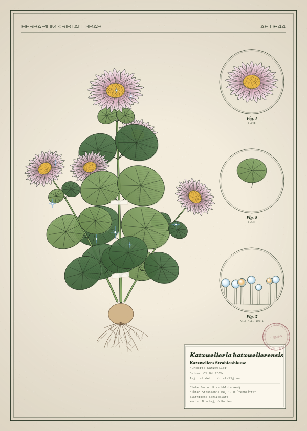 Botanische Tafel: Katzweileria katzweilerensis, eine erfundene Pflanze aus Katzweiler, gezeichnet wie in einem alten Pflanzenatlas