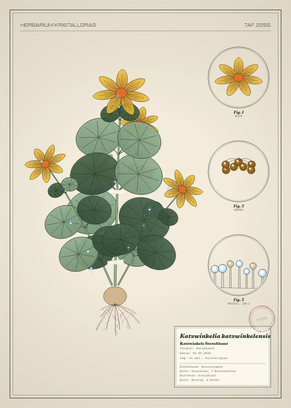 Botanische Tafel: Katzwinkelia katzwinkelensis, eine erfundene Pflanze aus Katzwinkel, gezeichnet wie in einem alten Pflanzenatlas
