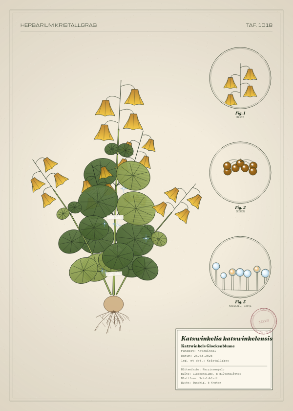 Botanische Tafel: Katzwinkelia katzwinkelensis, eine erfundene Pflanze aus Katzwinkel, gezeichnet wie in einem alten Pflanzenatlas