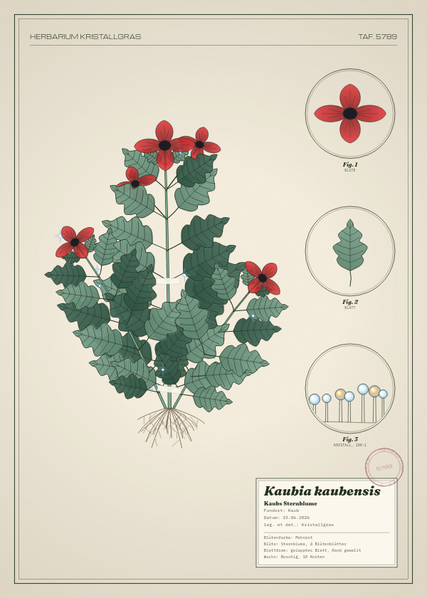 Botanische Tafel: Kaubia kaubensis, eine erfundene Pflanze aus Kaub, gezeichnet wie in einem alten Pflanzenatlas