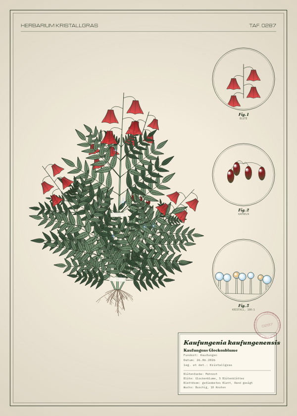 Botanische Tafel: Kaufungenia kaufungenensis, eine erfundene Pflanze aus Kaufungen, gezeichnet wie in einem alten Pflanzenatlas