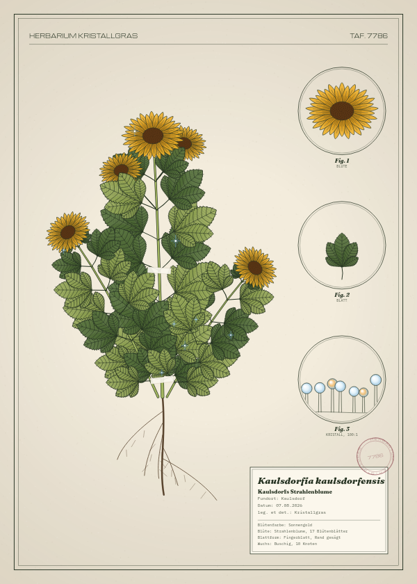 Botanische Tafel: Kaulsdorfia kaulsdorfensis, eine erfundene Pflanze aus Kaulsdorf, gezeichnet wie in einem alten Pflanzenatlas
