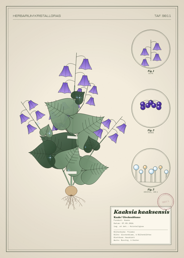 Botanische Tafel: Kaaksia kaaksensis, eine erfundene Pflanze aus Kaaks, gezeichnet wie in einem alten Pflanzenatlas