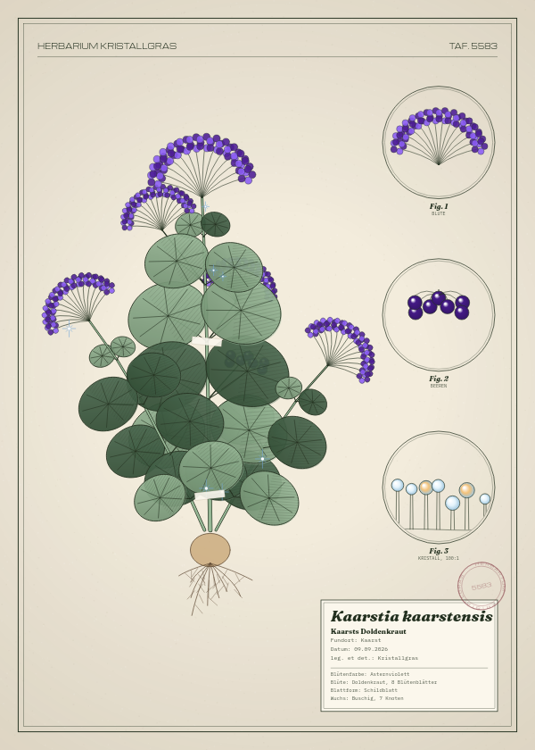 Botanische Tafel: Kaarstia kaarstensis, eine erfundene Pflanze aus Kaarst, gezeichnet wie in einem alten Pflanzenatlas