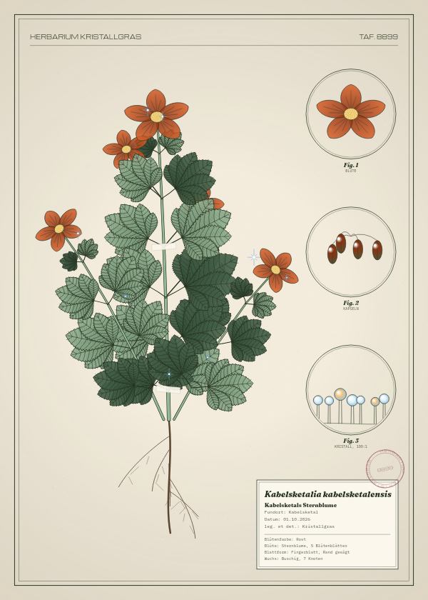 Botanische Tafel: Kabelsketalia kabelsketalensis, eine erfundene Pflanze aus Kabelsketal, gezeichnet wie in einem alten Pflanzenatlas