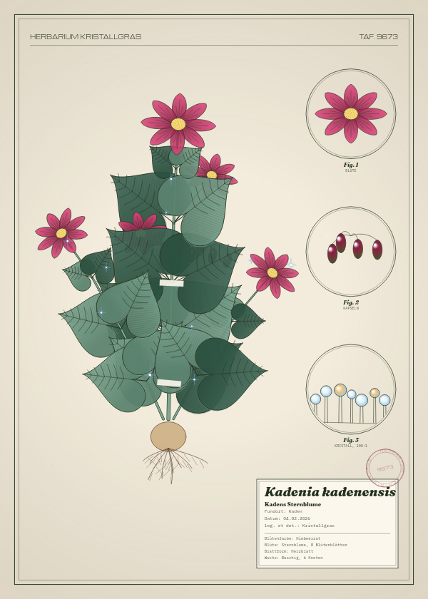 Botanische Tafel: Kadenia kadenensis, eine erfundene Pflanze aus Kaden, gezeichnet wie in einem alten Pflanzenatlas
