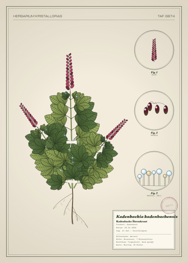 Botanische Tafel: Kadenbachia kadenbachensis, eine erfundene Pflanze aus Kadenbach, gezeichnet wie in einem alten Pflanzenatlas