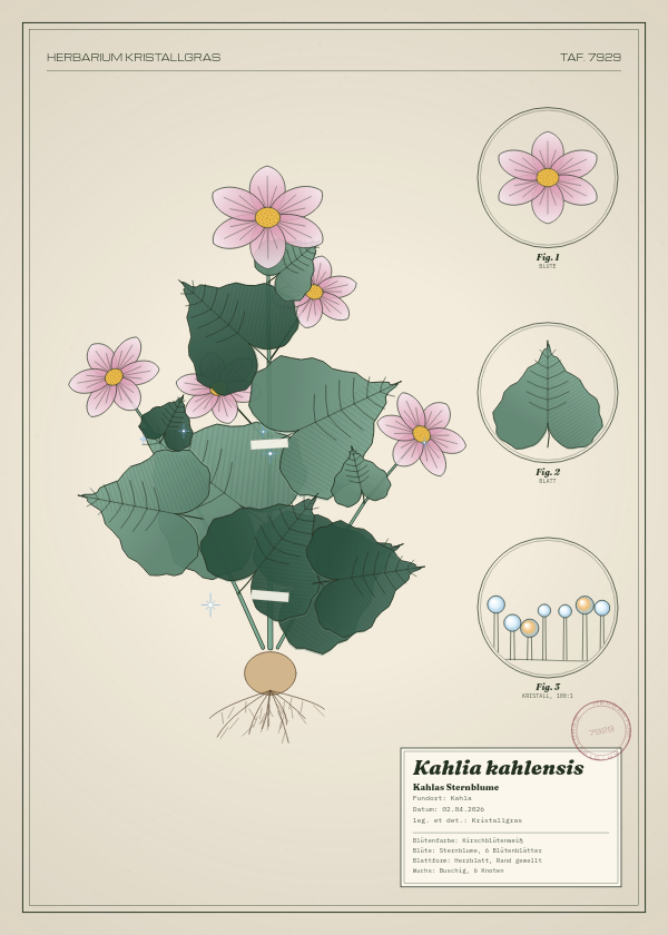 Botanische Tafel: Kahlia kahlensis, eine erfundene Pflanze aus Kahla, gezeichnet wie in einem alten Pflanzenatlas