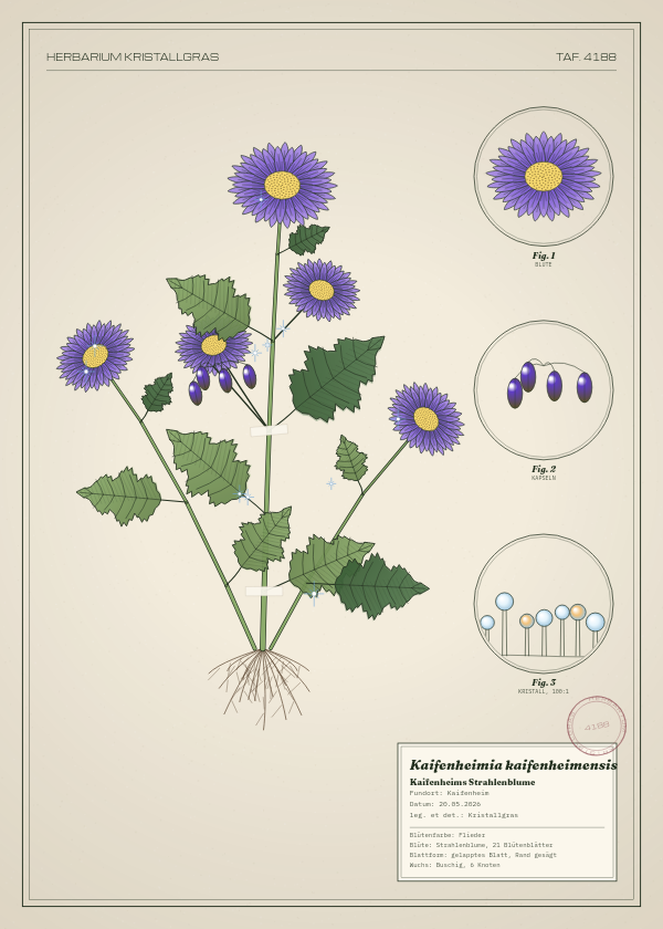Botanische Tafel: Kaifenheimia kaifenheimensis, eine erfundene Pflanze aus Kaifenheim, gezeichnet wie in einem alten Pflanzenatlas