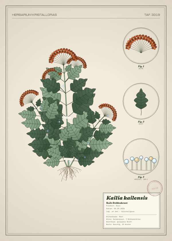 Botanische Tafel: Kailia kailensis, eine erfundene Pflanze aus Kail, gezeichnet wie in einem alten Pflanzenatlas