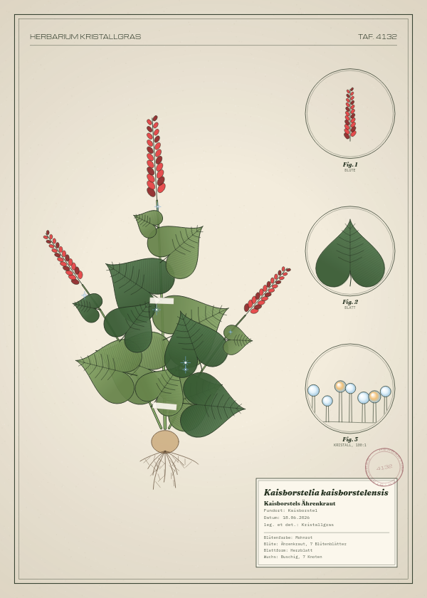 Botanische Tafel: Kaisborstelia kaisborstelensis, eine erfundene Pflanze aus Kaisborstel, gezeichnet wie in einem alten Pflanzenatlas