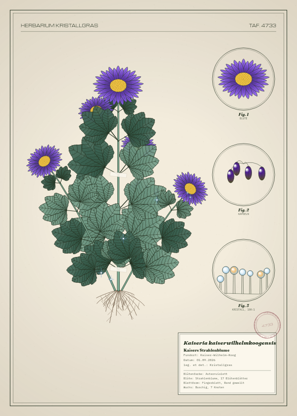 Botanische Tafel: Kaiseria kaiserwilhelmkoogensis, eine erfundene Pflanze aus Kaiser-Wilhelm-Koog, gezeichnet wie in einem alten Pflanzenatlas