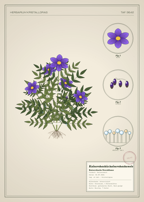 Botanische Tafel: Kaisersbachia kaisersbachensis, eine erfundene Pflanze aus Kaisersbach, gezeichnet wie in einem alten Pflanzenatlas