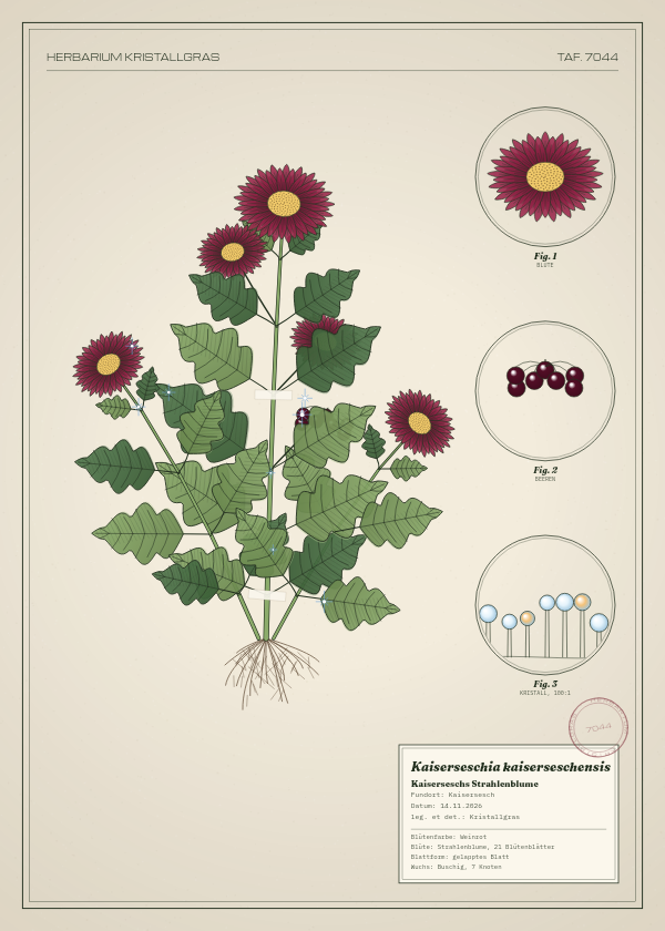Botanische Tafel: Kaiserseschia kaiserseschensis, eine erfundene Pflanze aus Kaisersesch, gezeichnet wie in einem alten Pflanzenatlas