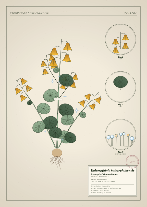 Botanische Tafel: Kaiserpfalzia kaiserpfalzensis, eine erfundene Pflanze aus Kaiserpfalz, gezeichnet wie in einem alten Pflanzenatlas