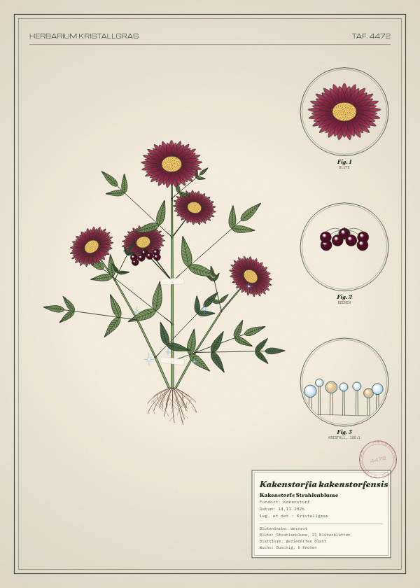 Botanische Tafel: Kakenstorfia kakenstorfensis, eine erfundene Pflanze aus Kakenstorf, gezeichnet wie in einem alten Pflanzenatlas