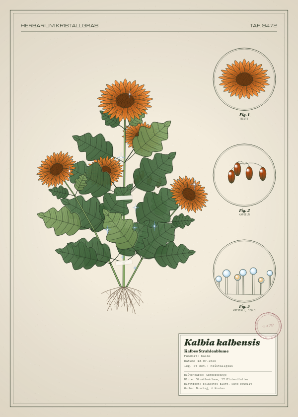 Botanische Tafel: Kalbia kalbensis, eine erfundene Pflanze aus Kalbe, gezeichnet wie in einem alten Pflanzenatlas