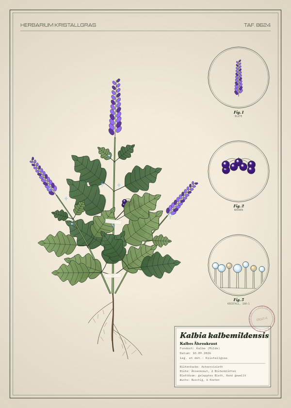 Botanische Tafel: Kalbia kalbemildensis, eine erfundene Pflanze aus Kalbe (Milde), gezeichnet wie in einem alten Pflanzenatlas