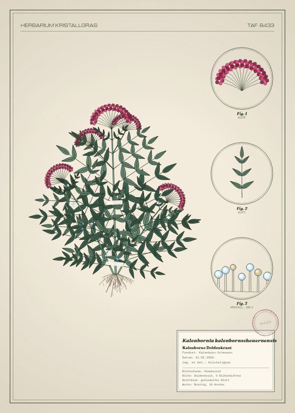Botanische Tafel: Kalenbornia kalenbornscheuernensis, eine erfundene Pflanze aus Kalenborn-Scheuern, gezeichnet wie in einem alten Pflanzenatlas