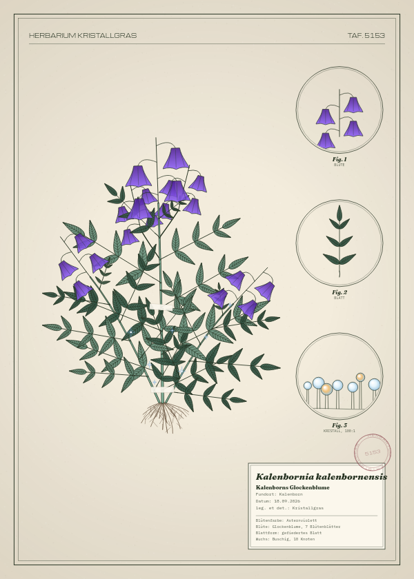 Botanische Tafel: Kalenbornia kalenbornensis, eine erfundene Pflanze aus Kalenborn, gezeichnet wie in einem alten Pflanzenatlas