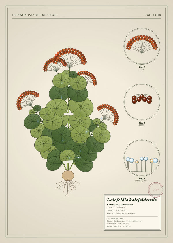 Botanische Tafel: Kalefeldia kalefeldensis, eine erfundene Pflanze aus Kalefeld, gezeichnet wie in einem alten Pflanzenatlas