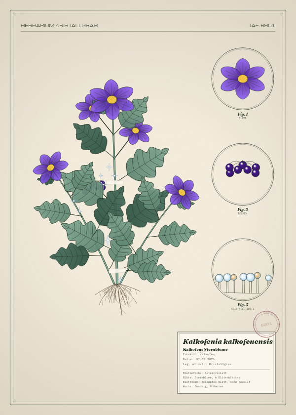 Botanische Tafel: Kalkofenia kalkofenensis, eine erfundene Pflanze aus Kalkofen, gezeichnet wie in einem alten Pflanzenatlas
