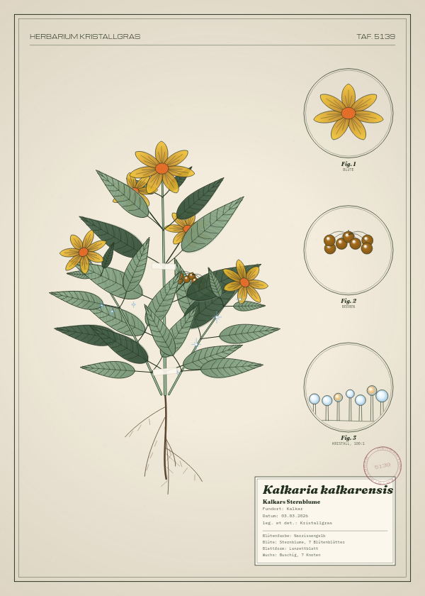Botanische Tafel: Kalkaria kalkarensis, eine erfundene Pflanze aus Kalkar, gezeichnet wie in einem alten Pflanzenatlas