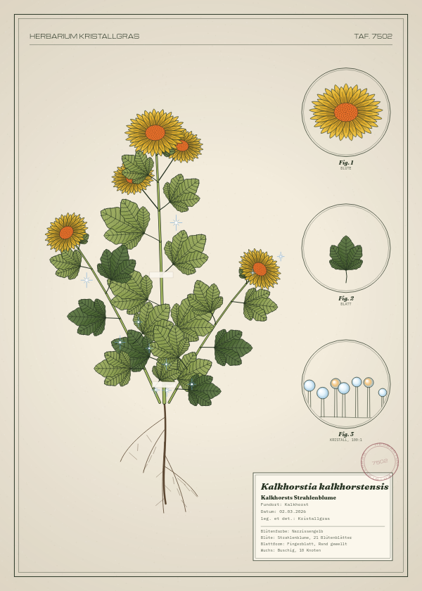 Botanische Tafel: Kalkhorstia kalkhorstensis, eine erfundene Pflanze aus Kalkhorst, gezeichnet wie in einem alten Pflanzenatlas