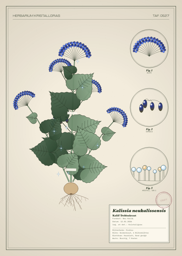 Botanische Tafel: Kalissia neukalissensis, eine erfundene Pflanze aus Neu Kaliß, gezeichnet wie in einem alten Pflanzenatlas