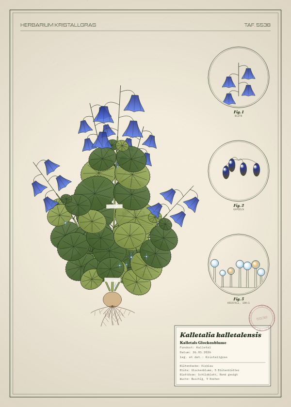 Botanische Tafel: Kalletalia kalletalensis, eine erfundene Pflanze aus Kalletal, gezeichnet wie in einem alten Pflanzenatlas