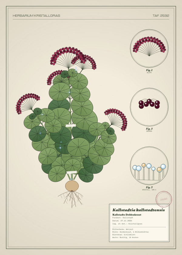 Botanische Tafel: Kallstadtia kallstadtensis, eine erfundene Pflanze aus Kallstadt, gezeichnet wie in einem alten Pflanzenatlas