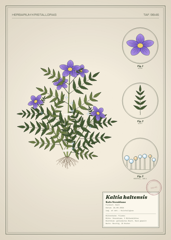 Botanische Tafel: Kaltia kaltensis, eine erfundene Pflanze aus Kalt, gezeichnet wie in einem alten Pflanzenatlas