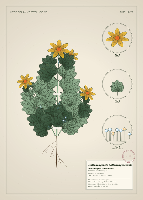 Botanische Tafel: Kaltenengersia kaltenengersensis, eine erfundene Pflanze aus Kaltenengers, gezeichnet wie in einem alten Pflanzenatlas